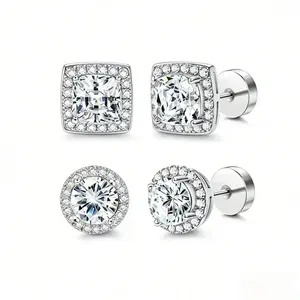 Hypoallergenic Stud Earring Set for Women, 4-Piece Halo Zircon with Round & Cushion Cut Studs, Includes Comfortable Silicone Backs - Birthday or Anniversary Gift