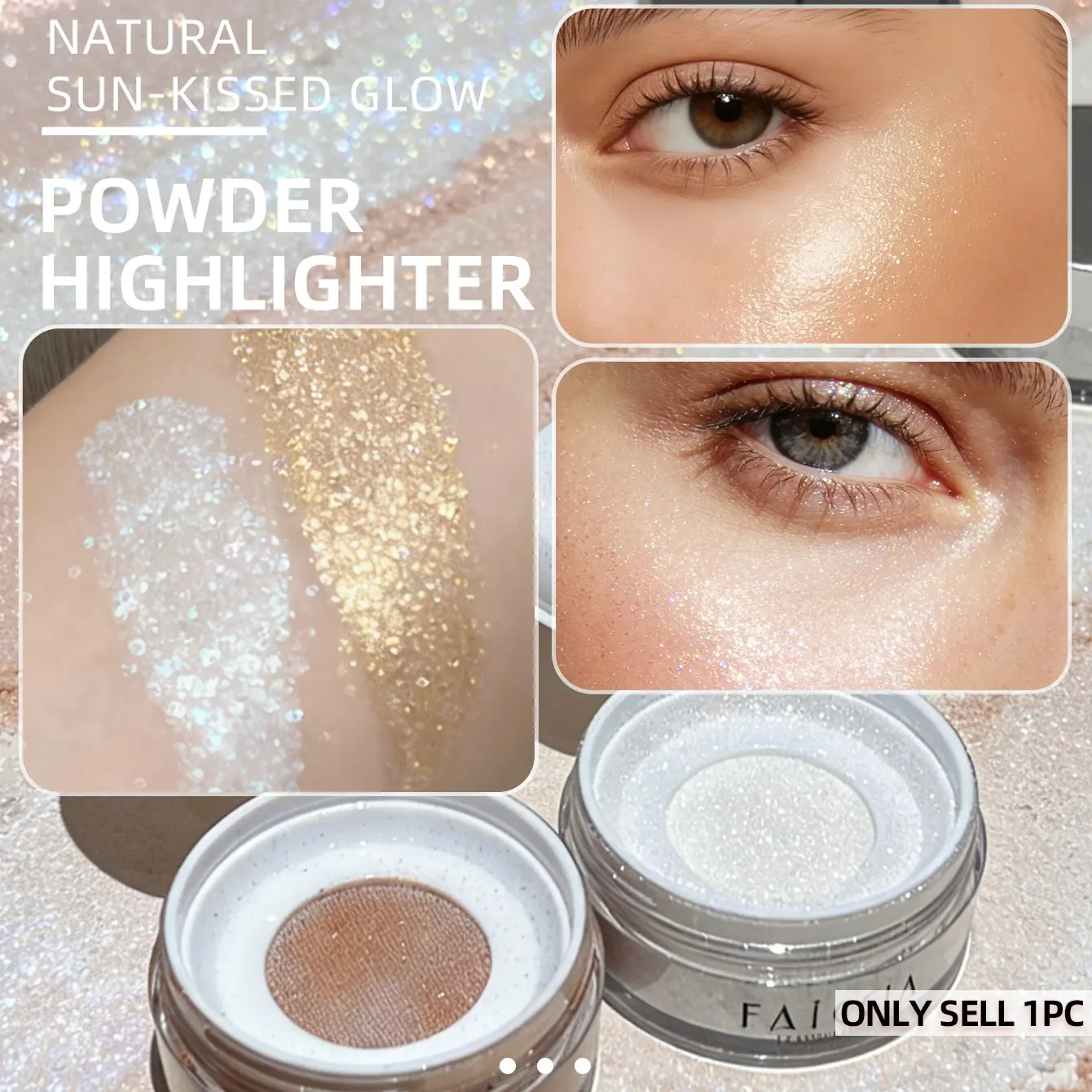 FAICCIA Diamond Shimmer Loose Face Highlighter Powder, Silver‑Cap Clear Jar with Filter & Puff, Icy Iridescent White & Warm Sun‑Kissed Gold Shades, Ultra‑Fine Glitter, Multi‑Use for Cheek, Nose, Eye, Collarbone & Shoulder