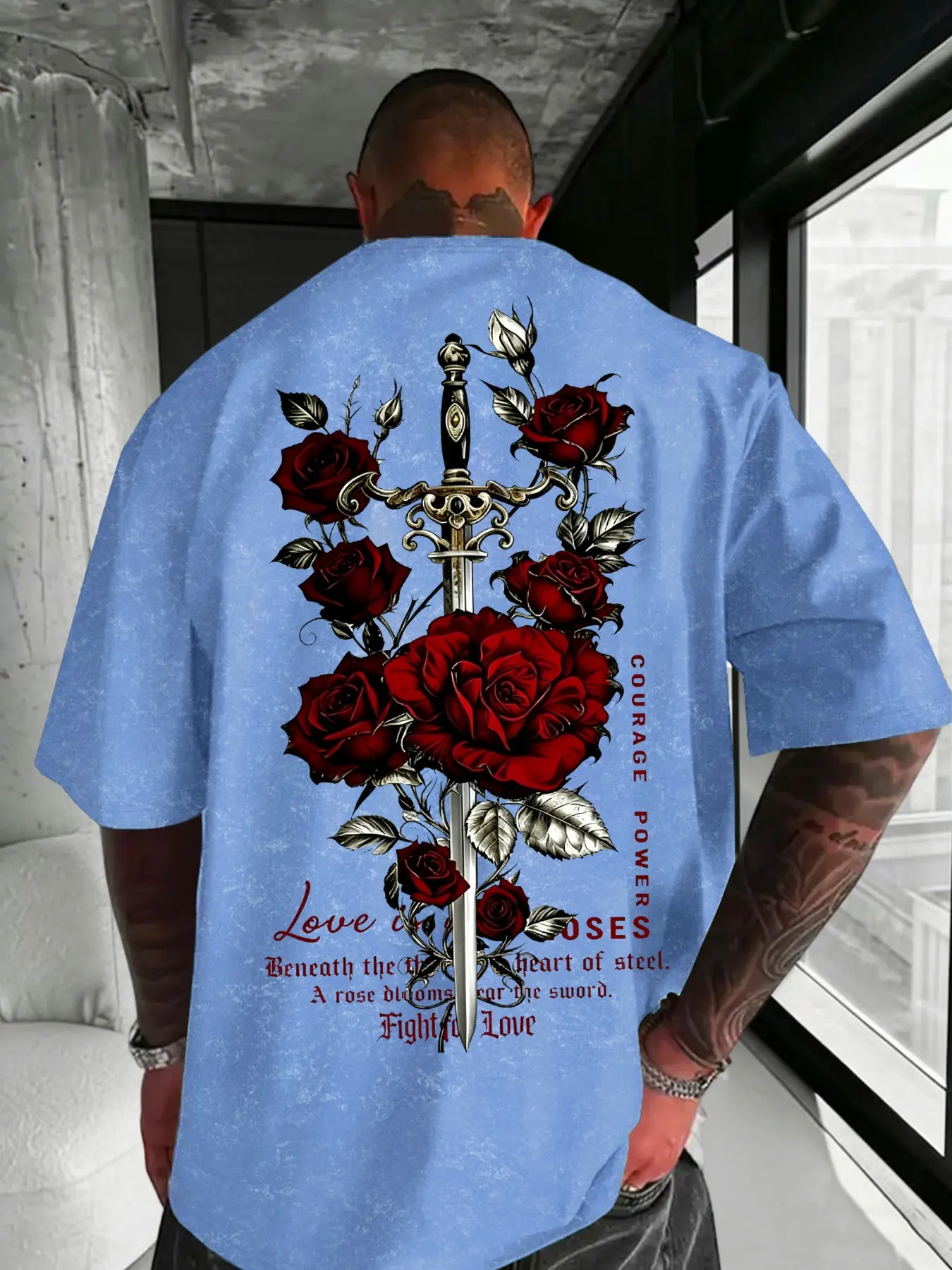 Vintage Wash Crew Neck Loose Short Sleeve Graphic Tee, Ornate Sword Red Rose Courage Power Quote Art Back Print Gothic Dark Hip Hop Streetwear T-Shirt #GothicTee #RoseSwordPrint #VintageStreetShirt #DarkAestheticTee #TikTokMadeMeBuyIt