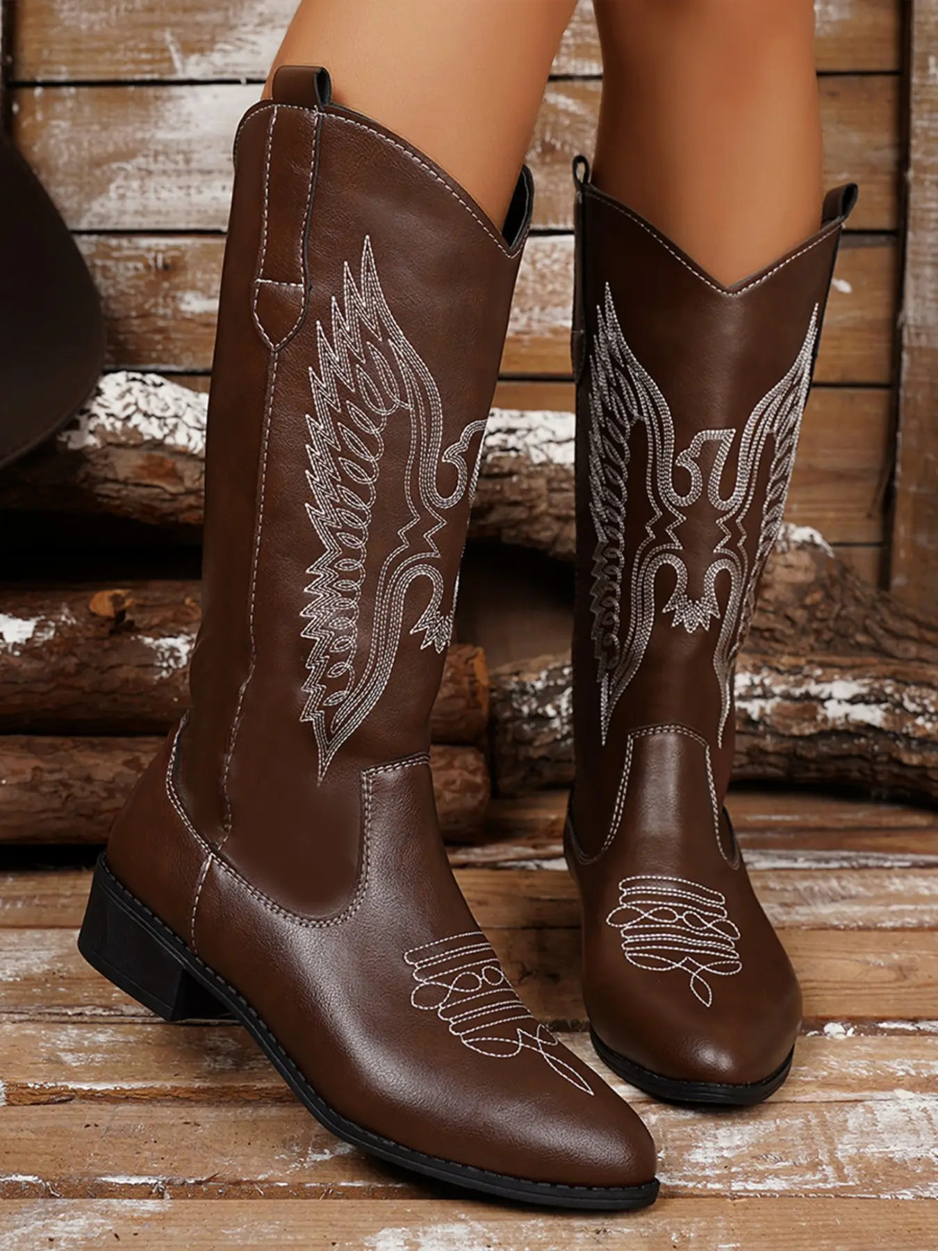 Classic American Embroidered Western Boots, Retro PU Leather, High Top, Chunky Heel, Rubber Sole, Fall & Winter, Women's Travel Shoes