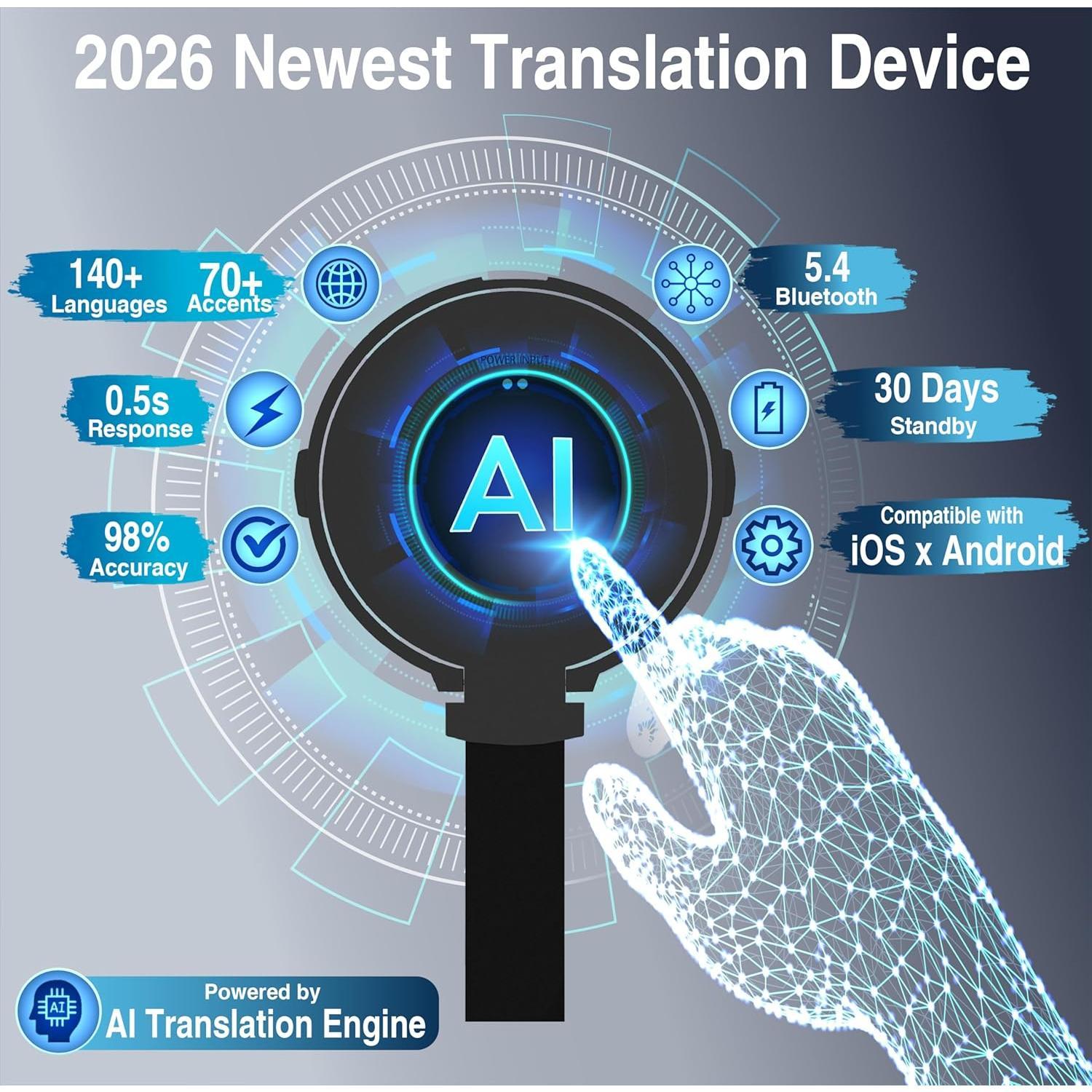 Language Translator Device for  Languages, Pocket AI Real Time Translation Device, Voice//Photo/Call/Offline Translate for Travel, Business & Learning (Silvery)