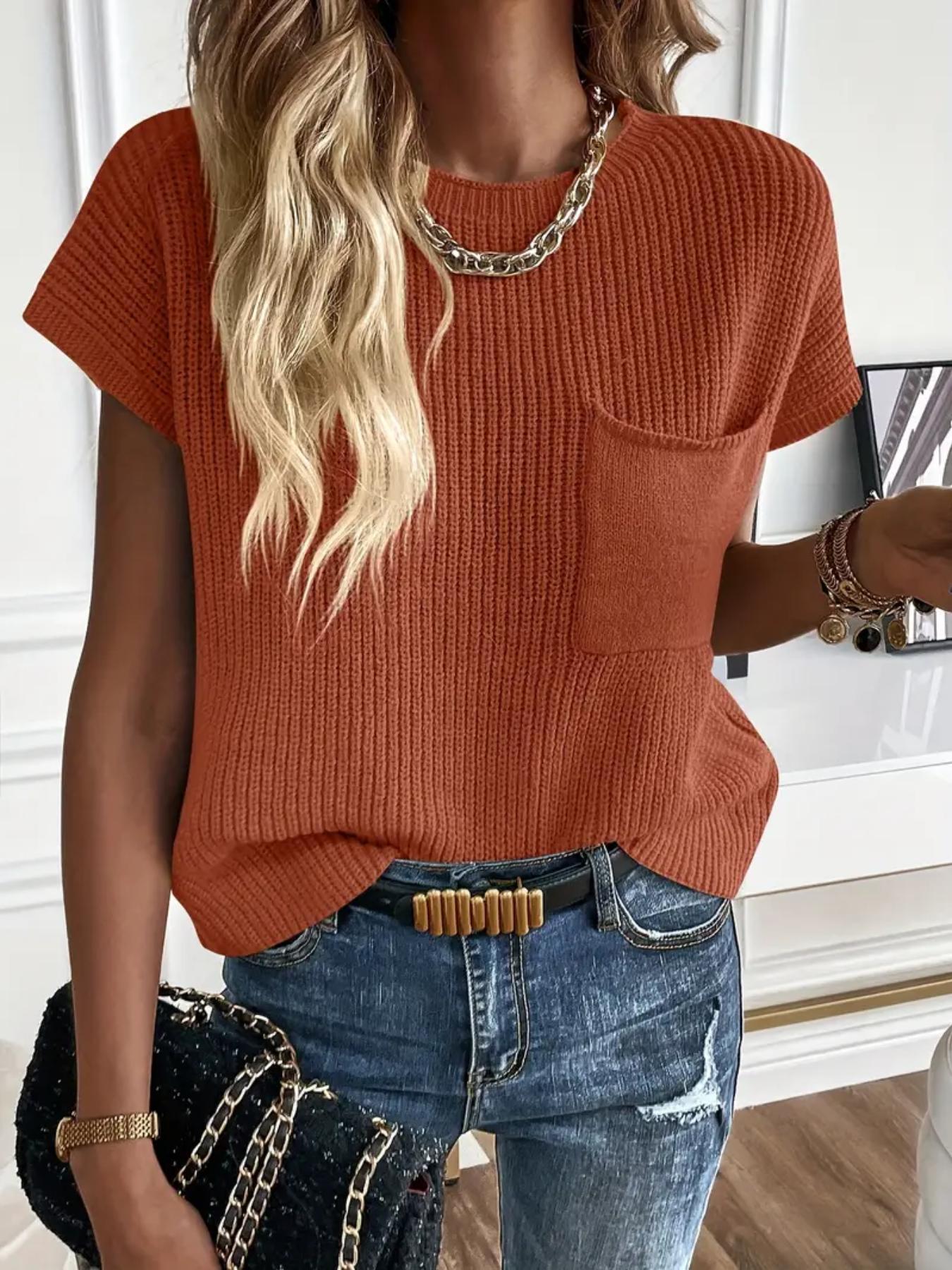 Women's Plain Pocket Round Neck Comfort Knit Top, Fitted Casual Breathable Short Sleeve Womenswear, Crochet Tops for Lady, Summer, Comfort Summer Tops, Summer Clothes, Fashion Women's Knitting Clothing for Everyday Daily Wear, Womenswear