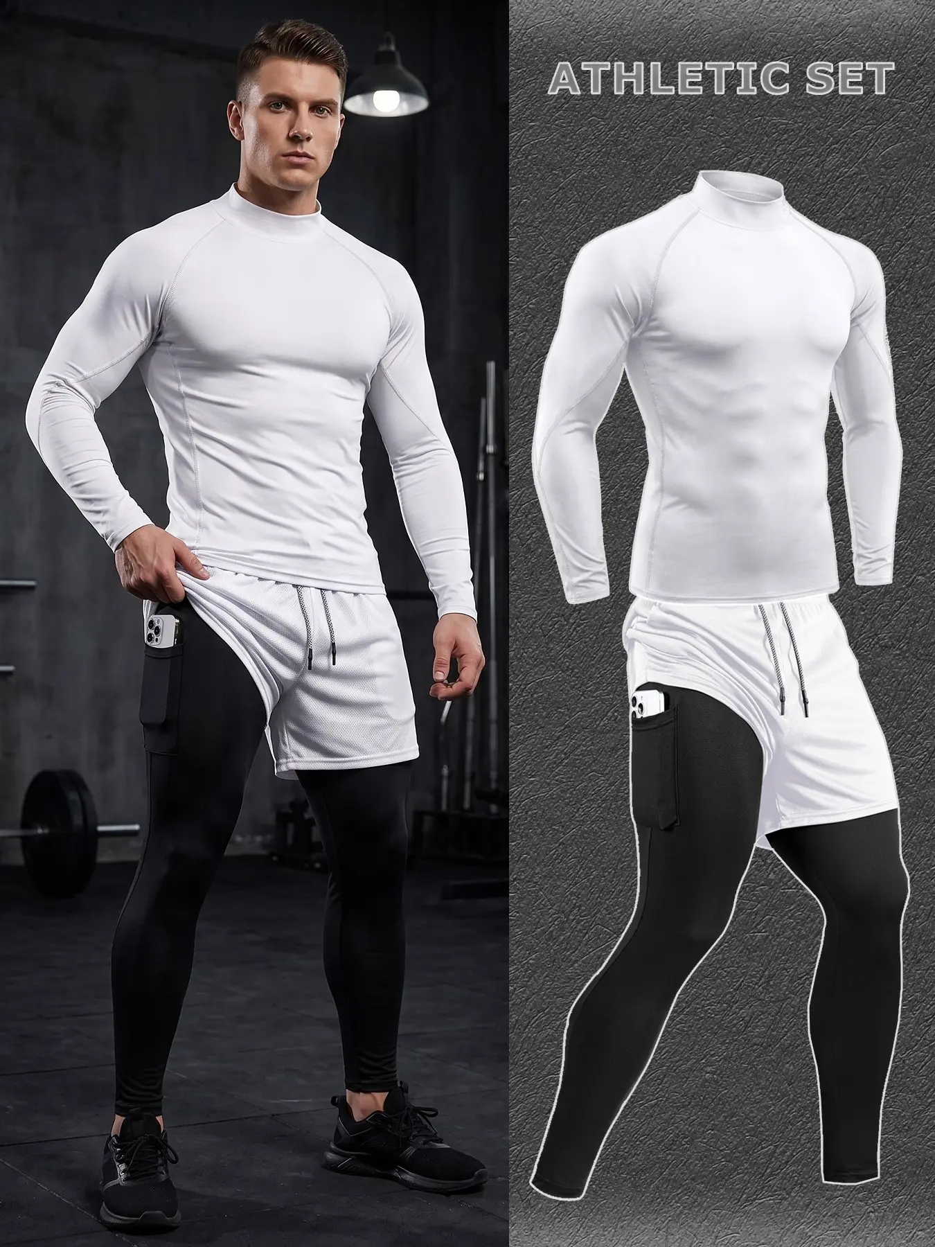 Men's Workout Running 2 Piece Set, Athletic Clothing Set, Spring Fall Athletic Sportswear Set, Mock Neck Long Sleeve Compression Shirt Quick Dry Raglan Sleeve Undershirt Baselayer, 2-in-1 Leggings Pants with Phone Pocket, Towel Loop