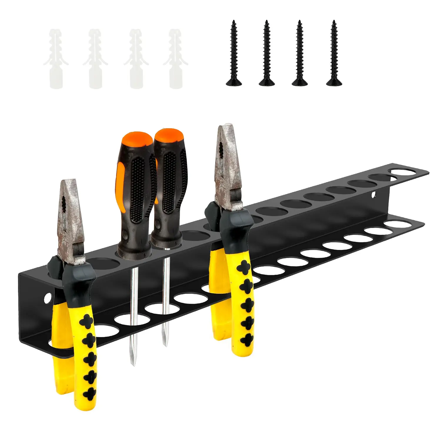 Black Metal Wall-Mount Tool Holder, Multi-Hole Organizer for Screwdrivers & Pliers, Hardware Tool Display Rack with Mounting Hardware