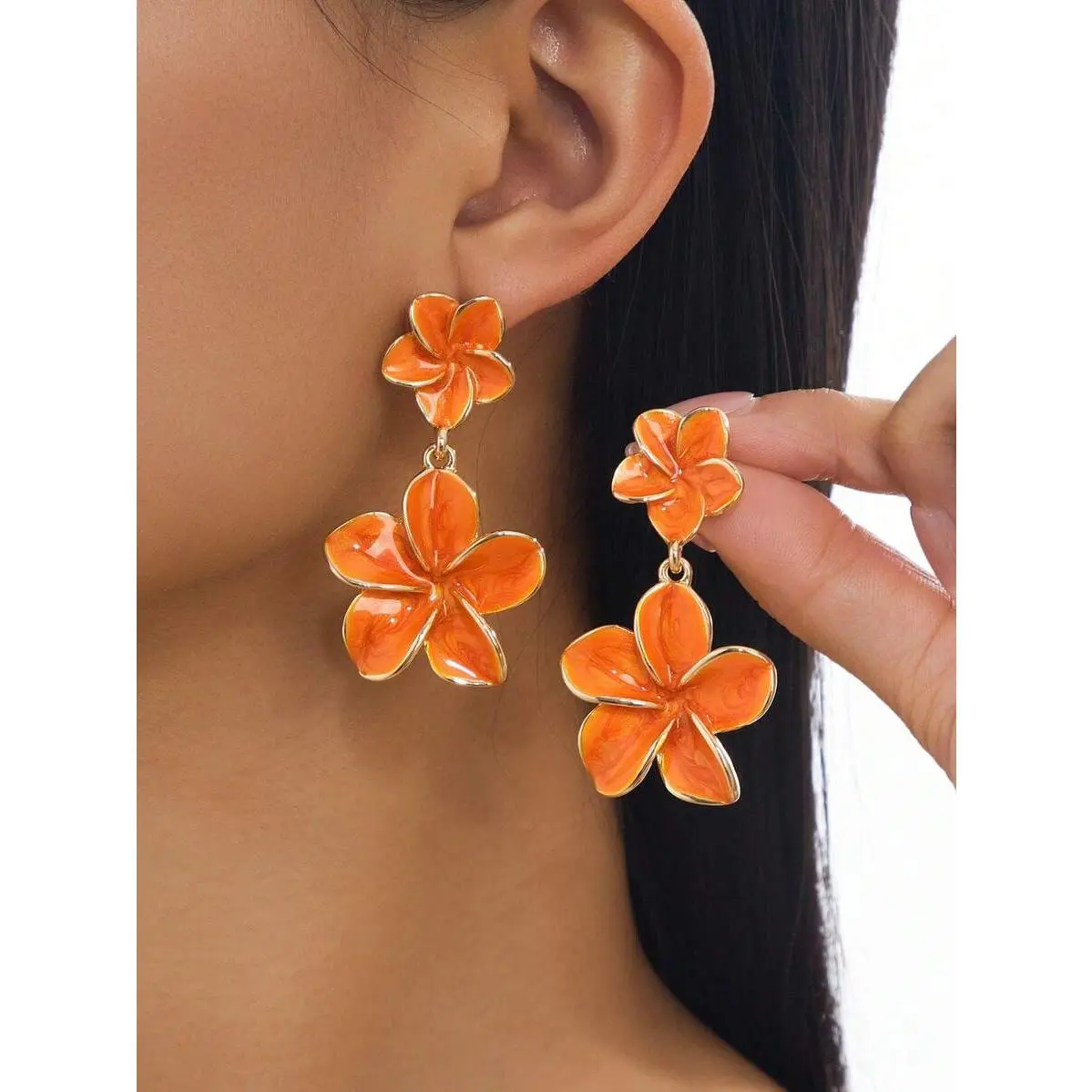 Layered Marigold Flower Earrings for Women, Elegant Handmade-Inspired Enamel & Zinc Alloy Decorations in Bold Vibrant Orange, Handmade-Inspired Earrings, Floral Charm Earrings