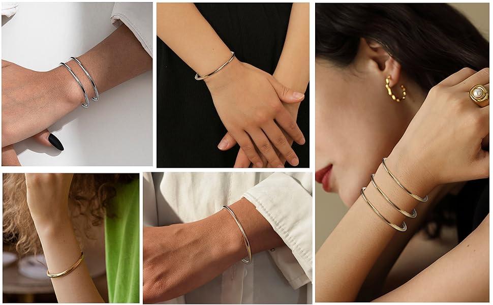 YADOCA 3mm 14K Gold Plated Bracelet Stainless Steel Glossy Thin Round Bangle Bracelet for Women Oval Solid Stackable Bracelets Set