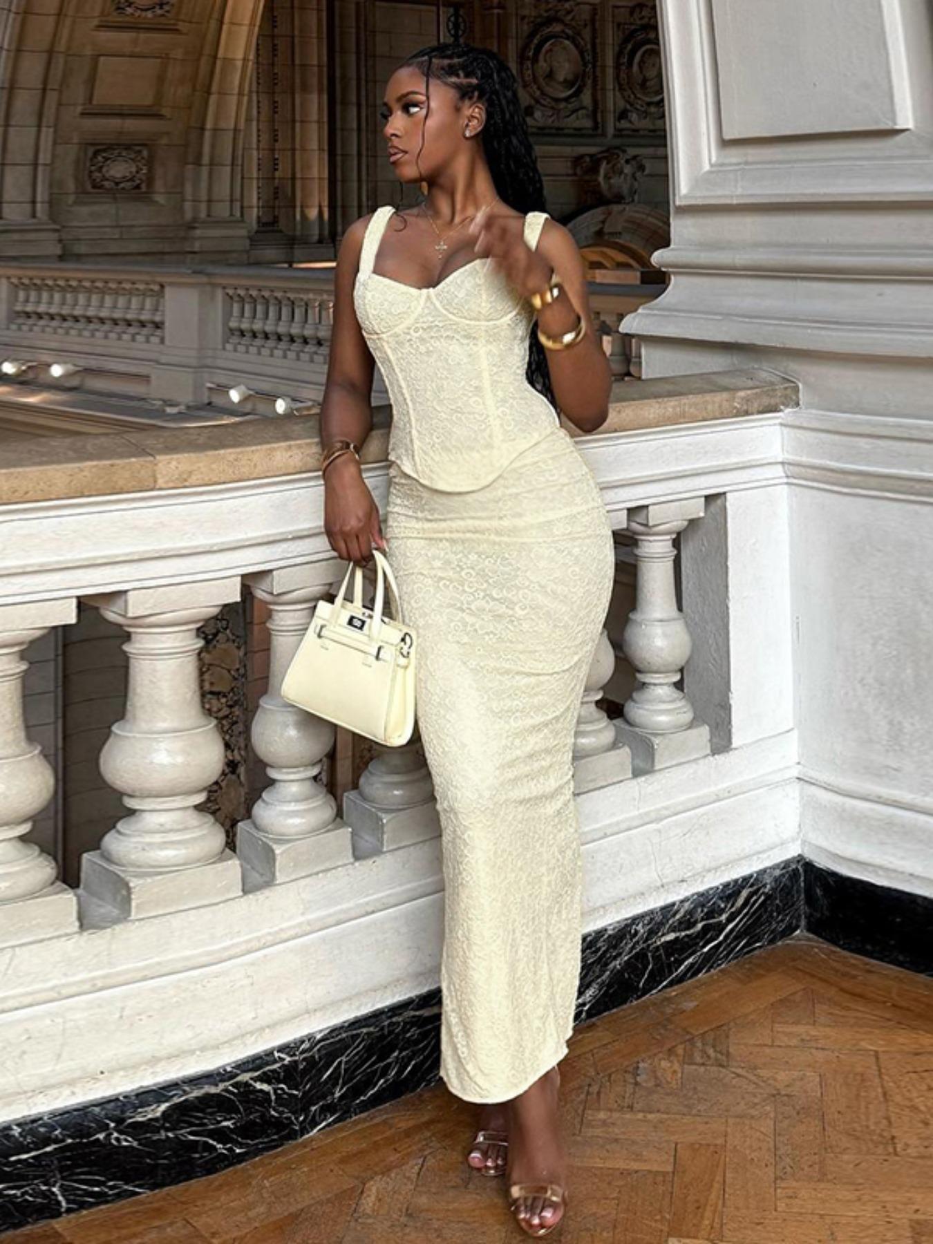 Two-Piece Set Women's Solid Color Fitted Top & Skirt, Elegant Fashion Casual Top & Skirt for Daily Outdoor Wear, Women's Clothing for Summer