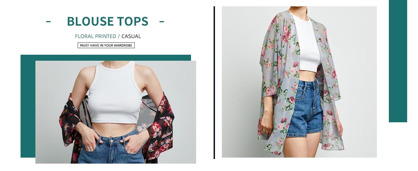 Summer clothing,Women's kimono cardigan, summer lightweight cover-up, 3/4 sleeves, floral print vacation beachwear