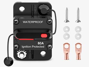 Nilight 80A Resettable Circuit Breaker, 12-48V DC Manual Reset with Copper Wire Lugs, Surface Mount Installation, Automotive Overload Protection