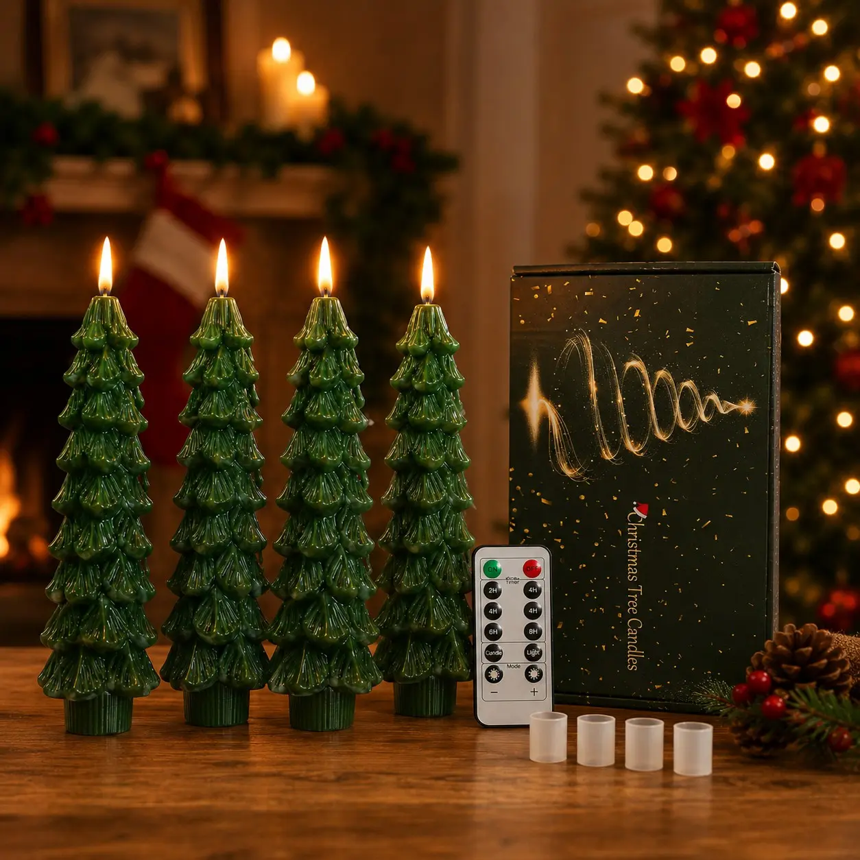LED Christmas Tree Candles 4 Pack, Flameless Taper Candles with 10-Key Remote, Warm Flickering Lights, Timer & 3 Brightness Levels
