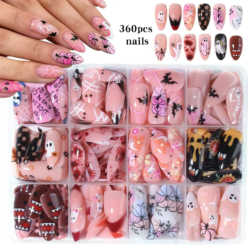 360pcs Halloween Nail Art Set, Almond Shape, Ghost, Mummy, Blood Drop, Bat, Spider Web, Pumpkin Design, Includes Adhesive and File