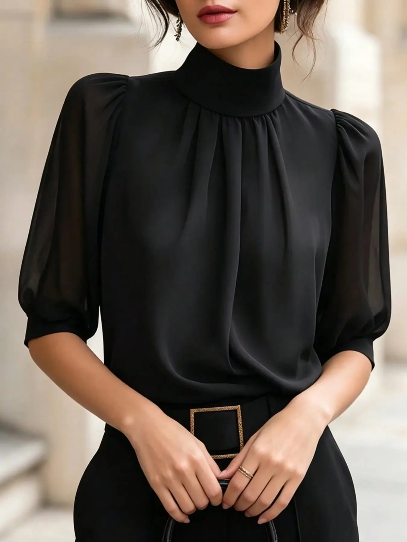 French Style Half High Neck Chiffon Top, Women's Bubble Sleeve Backless Blouse, Office Chic Shirt, Elegant Casual Wear