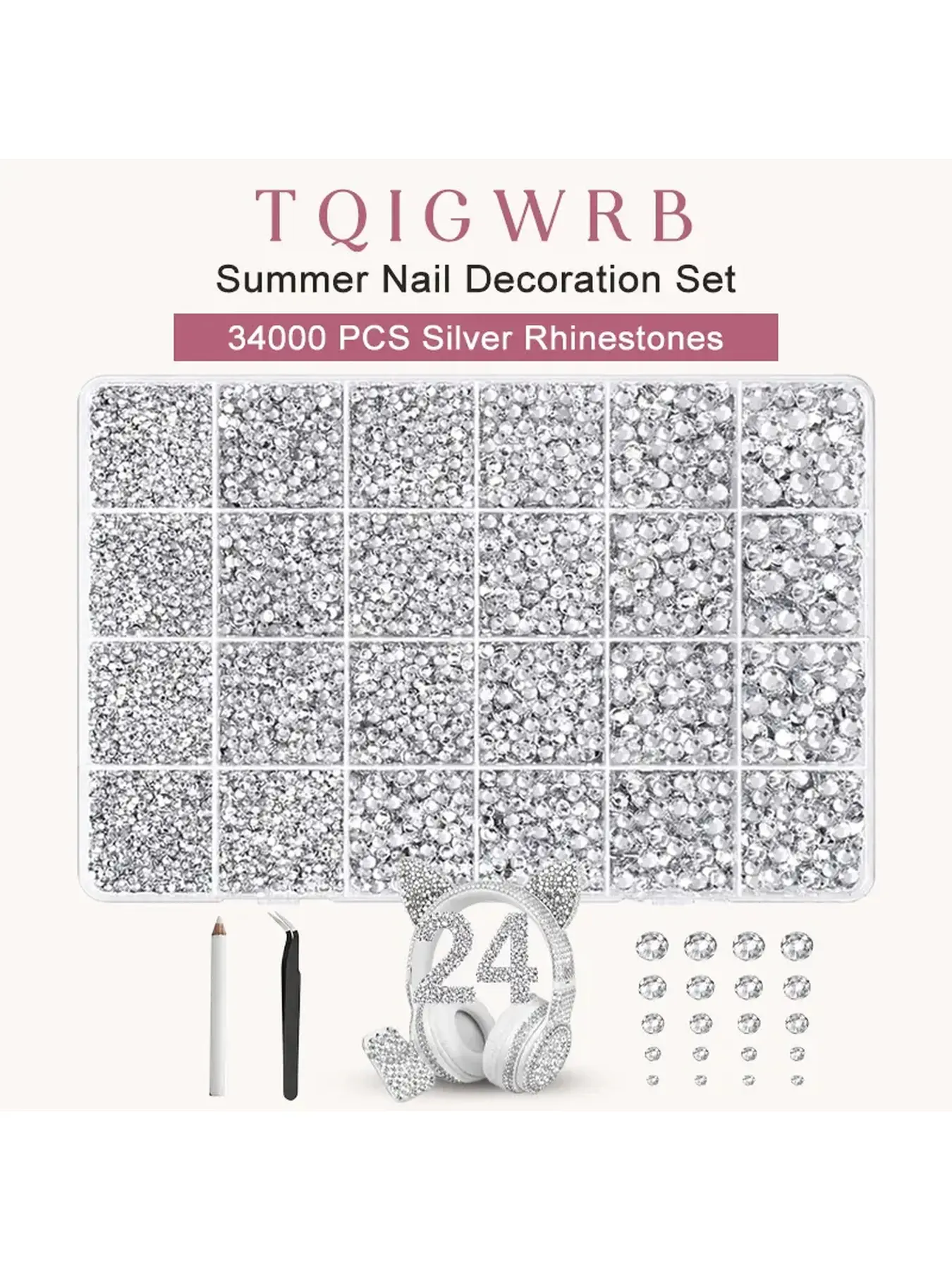 34000Pcs Resin Rhinestones for Bedazzling, Silver Clear Flatback Gems for Diamond Art, Crystal Bedazzler Kit withGifted Tools for Nail Art Crafting Clothing Book Makeup