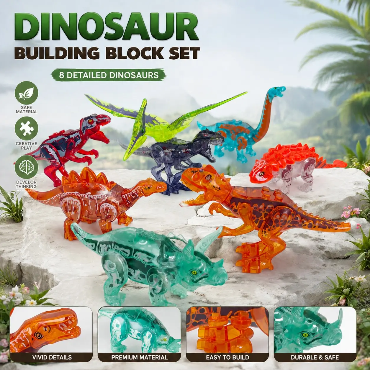 8pcs Jurassic Tyrannosaurus Pterosaur Crystal Puzzle Model Dinosaur Figures Toy, Educational Desktop Figurine Toy for Kids, Compatible with Other Brands