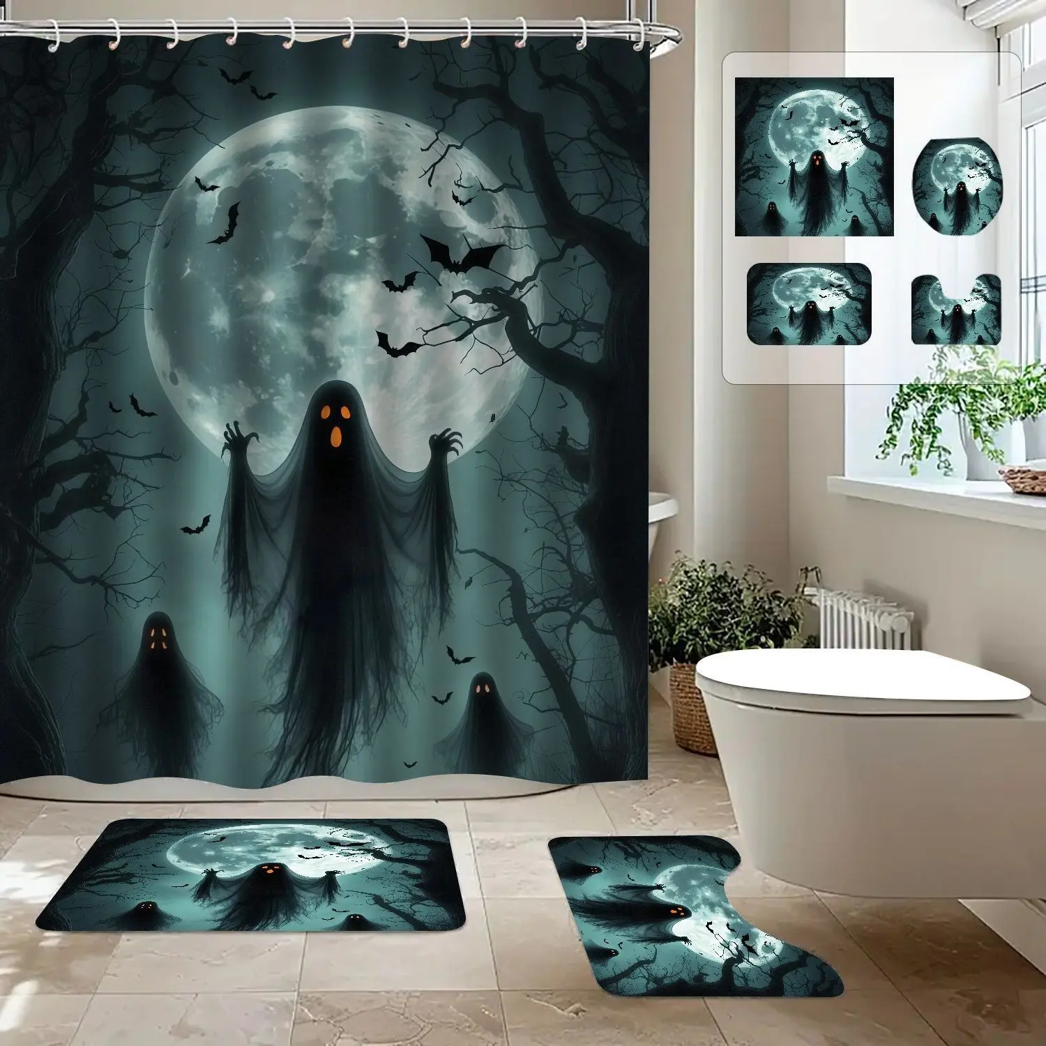Halloween Bat Print Bath Curtain Set, Waterproof Polyester, Dark Realistic Style, Bathroom Privacy, Mold-Resistant, Shocking Atmosphere
