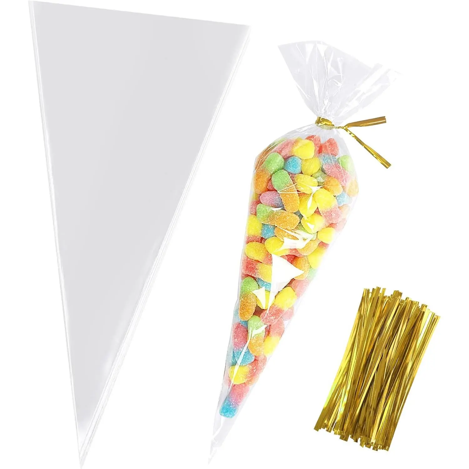 Cone Shaped  Bags 5x10 Inches 100 count | Cone Cellophane Bags With Twist Ties for Popcorn, Candy and Party Favors
