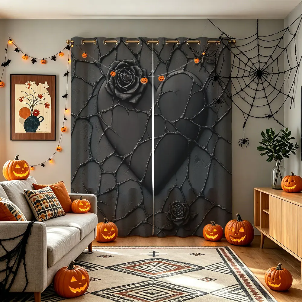 Cracked Black Rose Gothic 2 Panels Grommet Blackout Curtains, Spider Web Spooky Halloween Thermal Bedroom Drapes