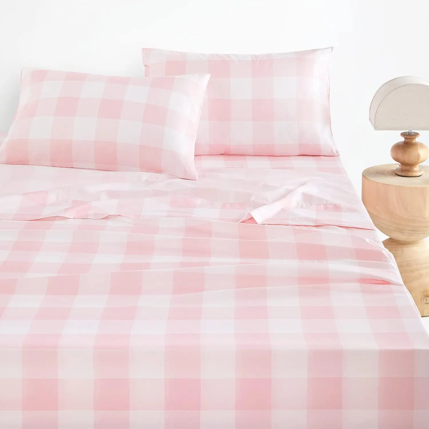 Queen Size Gingham Plaid 4-Piece Home Bedding Sheet Set, Checker Pattern Deep Pocket Pink Linens with Enveloped Closure