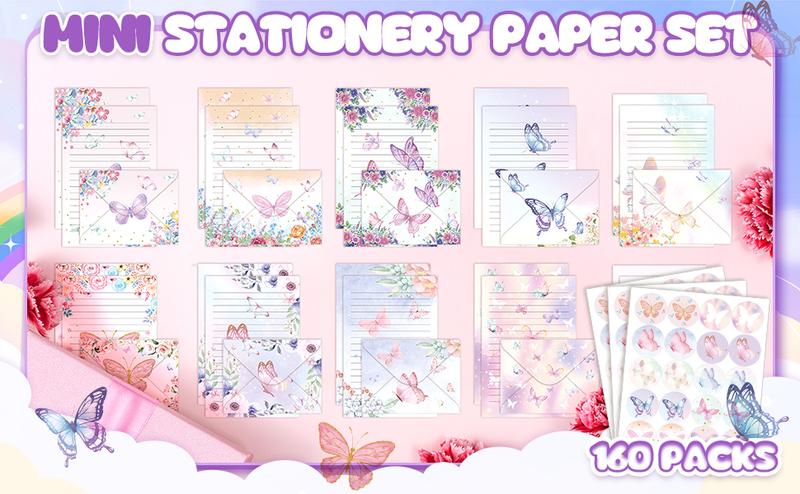 160 Packs Stationery Paper Set (50 Double Sided Stationery Writing Papers 50 Matching Envelopes) 60 Round Dot Sticker, 10 Design(Watercolor,5.5 x 8.25 Inch)