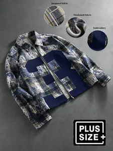 Plus Size Men's Lapel Collar Full Zip Up Jacket, Vintage Faded Blue Plaid All Over Print, Navy Large Number Patch Splicing Design, Front Full Zipper Closure, Loose Oversized Cut, Multi Pocket Detail, Street Retro Daily Casual Outerwear