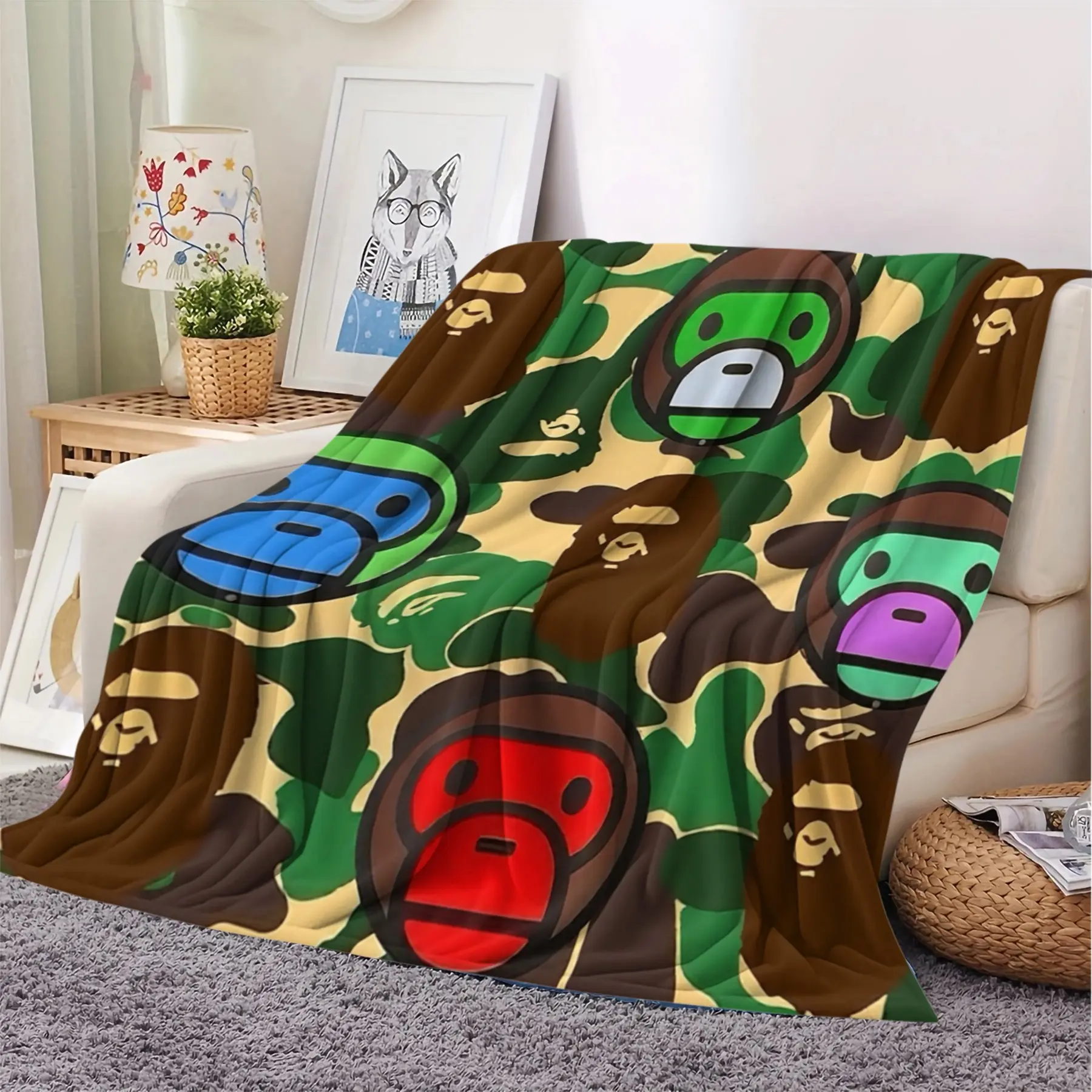 Colorful Ape Camo Print Flannel Blanket, Ultra Soft Warm Throw Blanket for Couch Sofa Bed Dorm, Cozy Lightweight Blanket for Men Women Teens, Trendy Streetwear Gift Blanket for Birthday Christmas Holiday, Flannel Throw Blankets