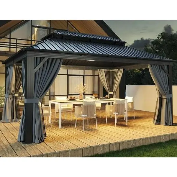 Permanent Aluminum Hardtop Gazebo with Double Metal Roof, Netting & Curtains, All-Weather Outdoor Pavilion for Patio, Deck, Backyard, Lawn, or Garden, Multiple Sizes: 12x14, 12x16, 12x18, 12x20, Gray
