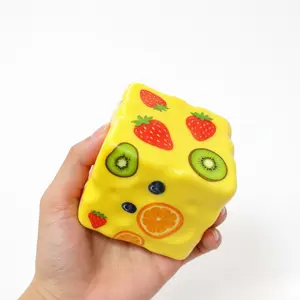 8cm Bright Yellow Mixed Fruit Pattern Ice Cube Taffy Squishy, Soft Stretchable Squeeze Fidget Toy with Strawberry Kiwi Orange Blueberry Print, Satisfying ASMR Sensory Toy for Stress Release & Cute Holiday Gift