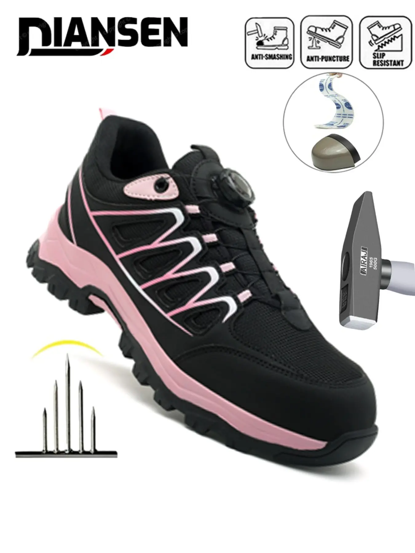 Steel Toe Shoes for women Work Safety Industrial Protective Rotary Buckle Work Shoes, Nonslip Work Shoes, for Construction Comfortable Lightweight Warehouse Factory Water resistant Low top all-season outdoor Anti-slip