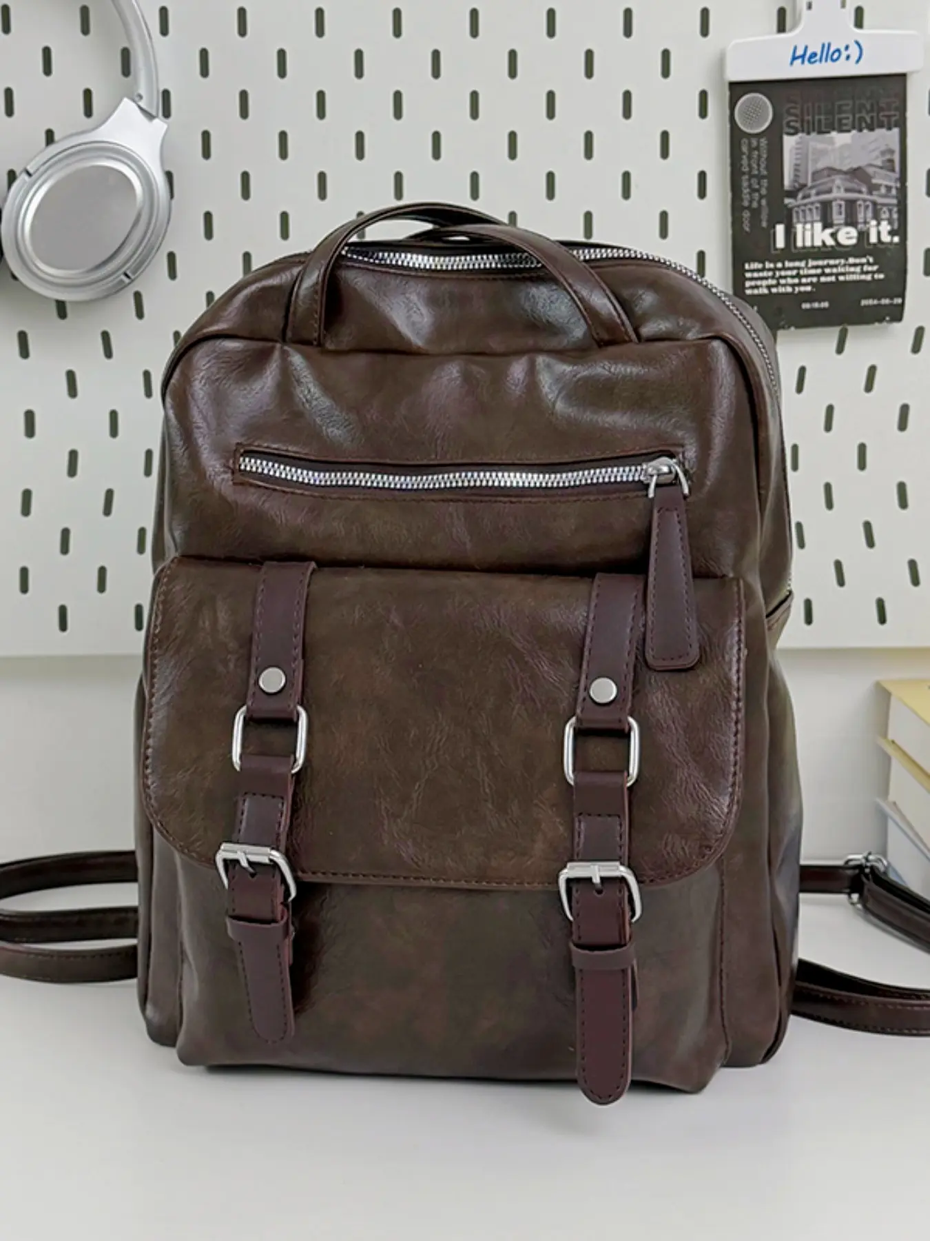 Vintage Wax Leather Backpack, Textured Folded Design, Dual Webbing Buckles, Multi-Layer Storage, Unisex, Casual Travel Backpack, Ideal for School, Commute, Travel