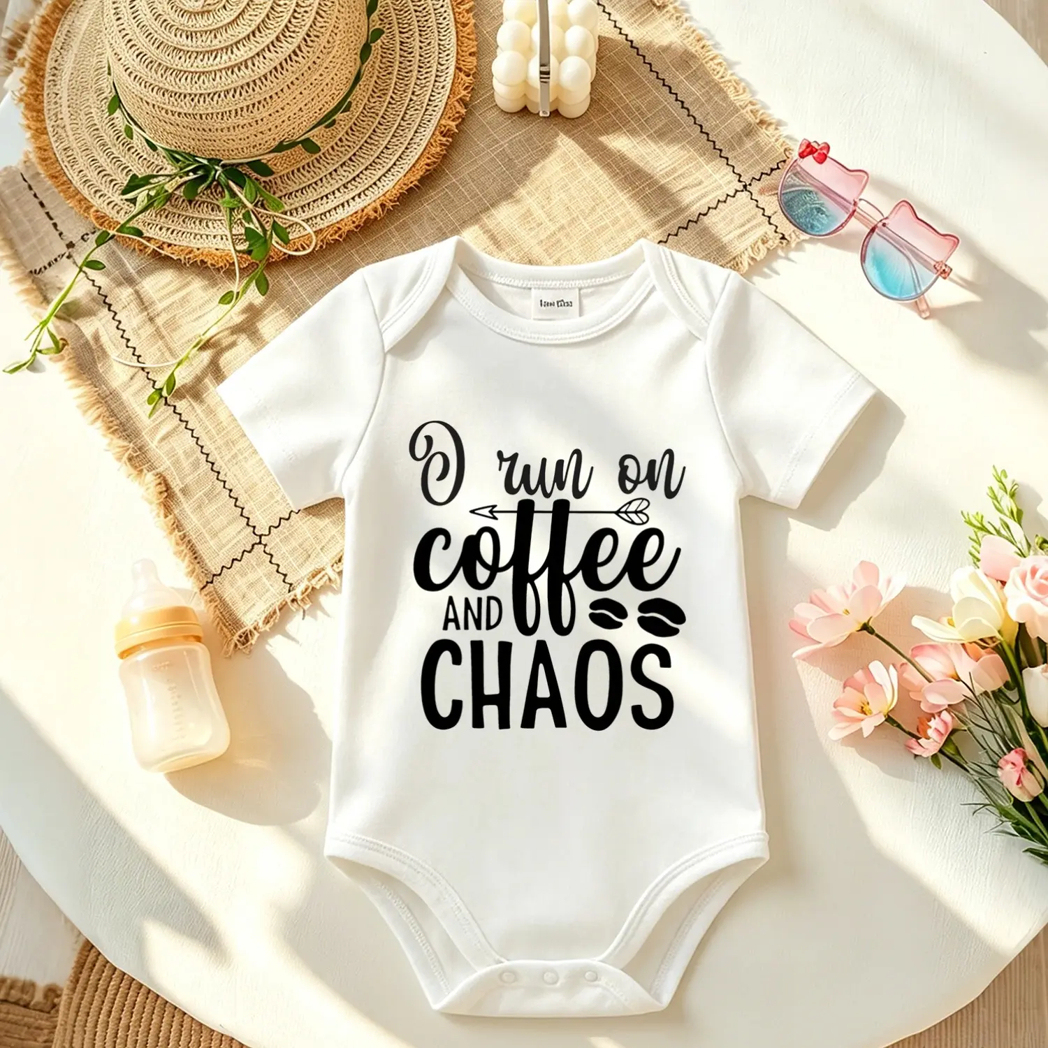 Unisex Baby Infant Short Sleeve Soft Cotton Bodysuit - Cute Minimalist "I Run on Coffee and Chaos" Graphic, Snap Closure, Newborn Shower/Birthday Gift, 0-3M, Holiday