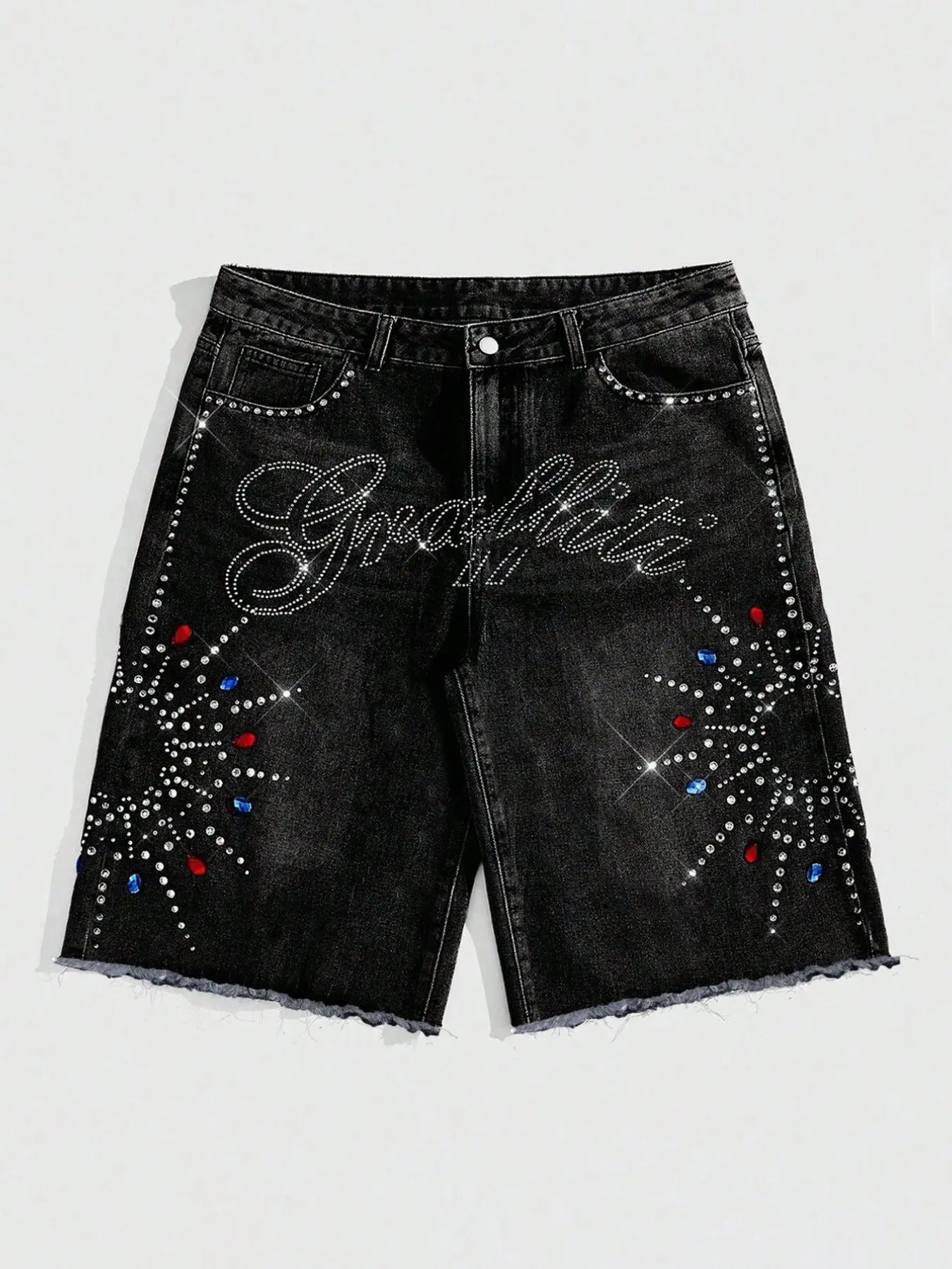 Men's Fashion Rhinestone Denim Shorts, Loose-Fit Oversize American Streetwear Cargo Jeans, Summer New Arrival, Trendy Five-Quarter Pants, Oversized
