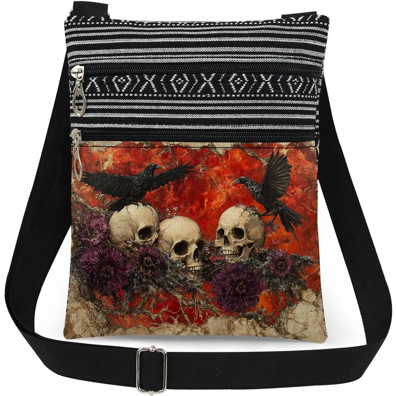 Skull  Adjustable Strap Women Crossbody Bag Crow Skull with  Blooms Print Messenger Bag Halloween Christmas Birthday  for