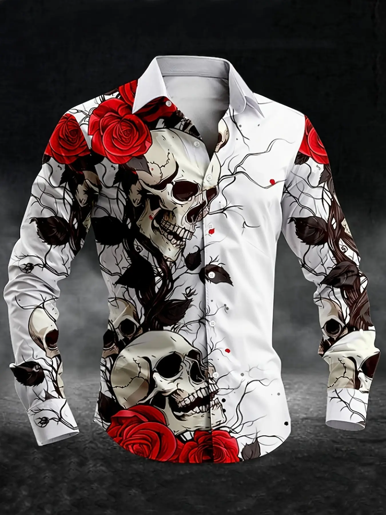 Men's Long Sleeve Skull Rose Print Shirt, Trendy Fashion Unique Design Top, Casual Street Style Slim-Fitting Graphic Shirt for All Seasons, Casual Streetwear Style