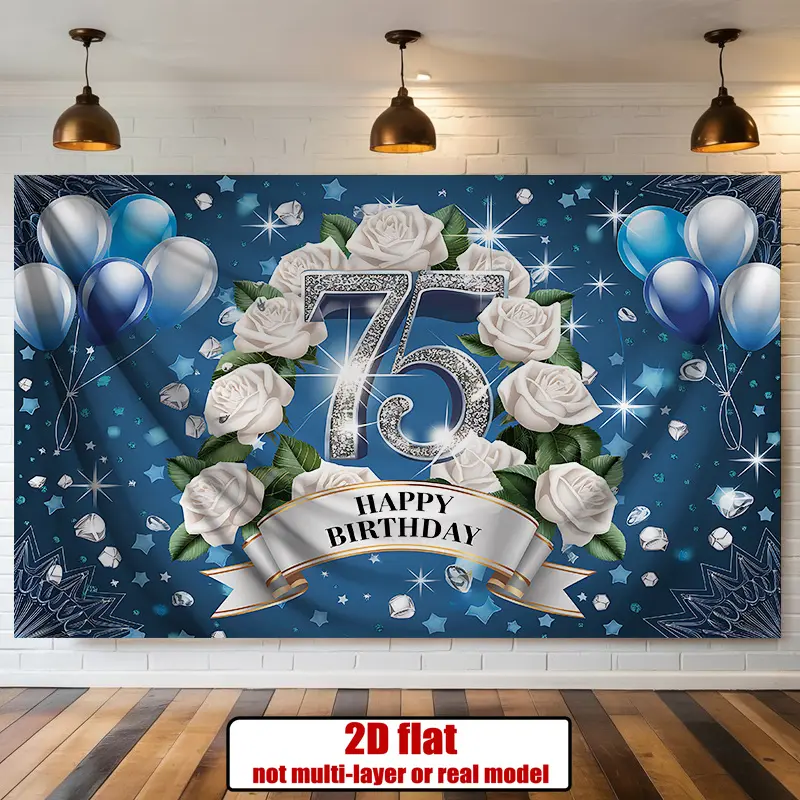 75th Birthday Banner - Durable Hangable Polyester (Polyester Fits) Indoor Wall Decor, 2D Flat Elegant Navy Blue & Gold Glitter Number, Balloon Decor, Snowflake Print, Large Centerpiece for Milestone Christmas Party Supplies