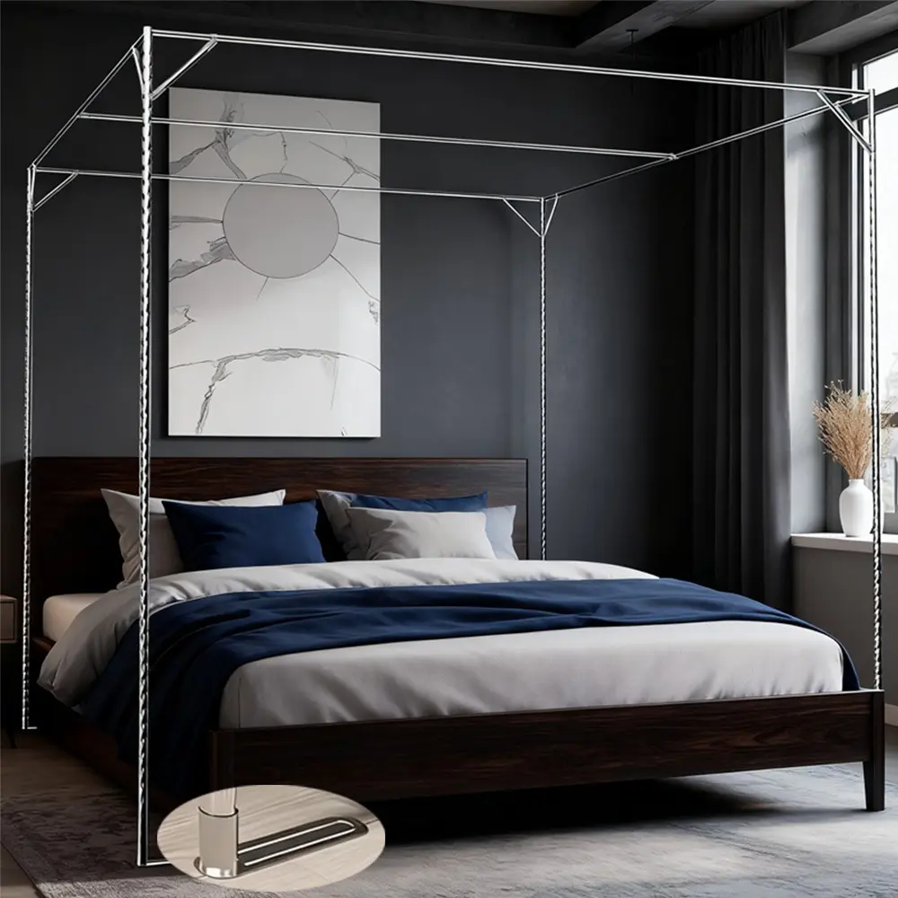 Full Size Stainless Steel Canopy Bed Frame, Fits Single/Standard Double/Medium Double/King Size Beds, Bedroom Decoration, Bed Frame Only