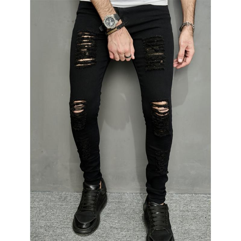 Men's Slim-Fit Black Ripped Jeans - Stretch Denim, Hip-Hop Street Style, Machine Washable Pants Cotton Menswear Trouser