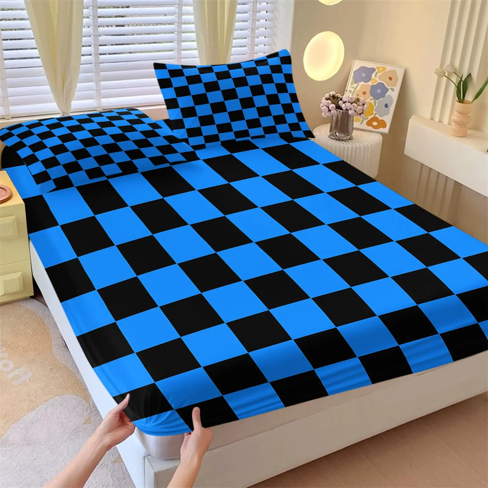3PCS Blue Black Checkerboard 3D Optical Illusion Print Fitted Sheet Set (1 Fitted Sheet + 2 Pillowcases), Non-Slip Deep Pocket, Machine Washable, Low Allergenic, Elastic Microfiber Bedding, HD Printed All-Season Cool Geometric Bedroom Decor