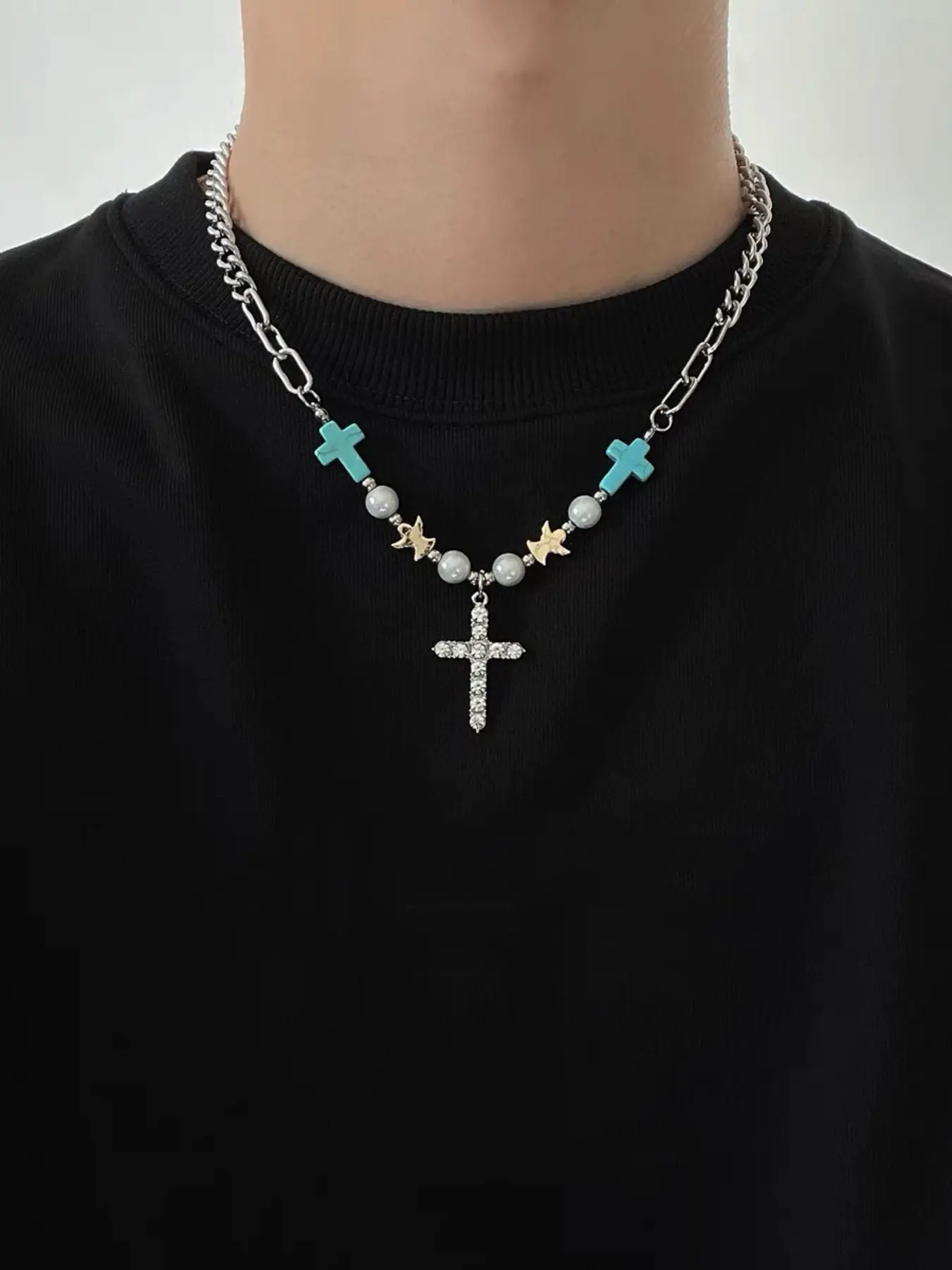 Vintage Turquoise Beaded Cross Pendant Necklace, Unisex Hip Hop Titanium Steel Chain, High-End Collarbone Jewelry
