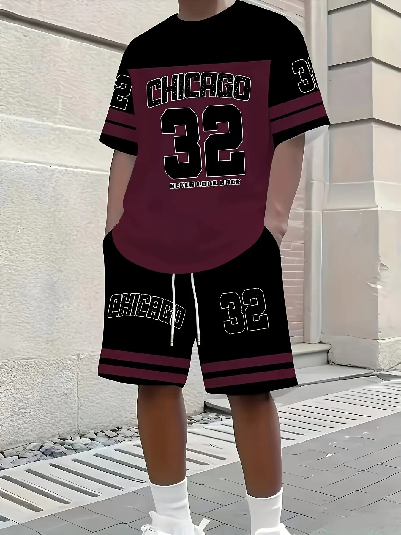 Men's Size 32 Printed T-shirt and Shorts Set (2-Piece Pack) - Breathable Black and White Casual Summer Apparel - Lightweight Crew Neck Design