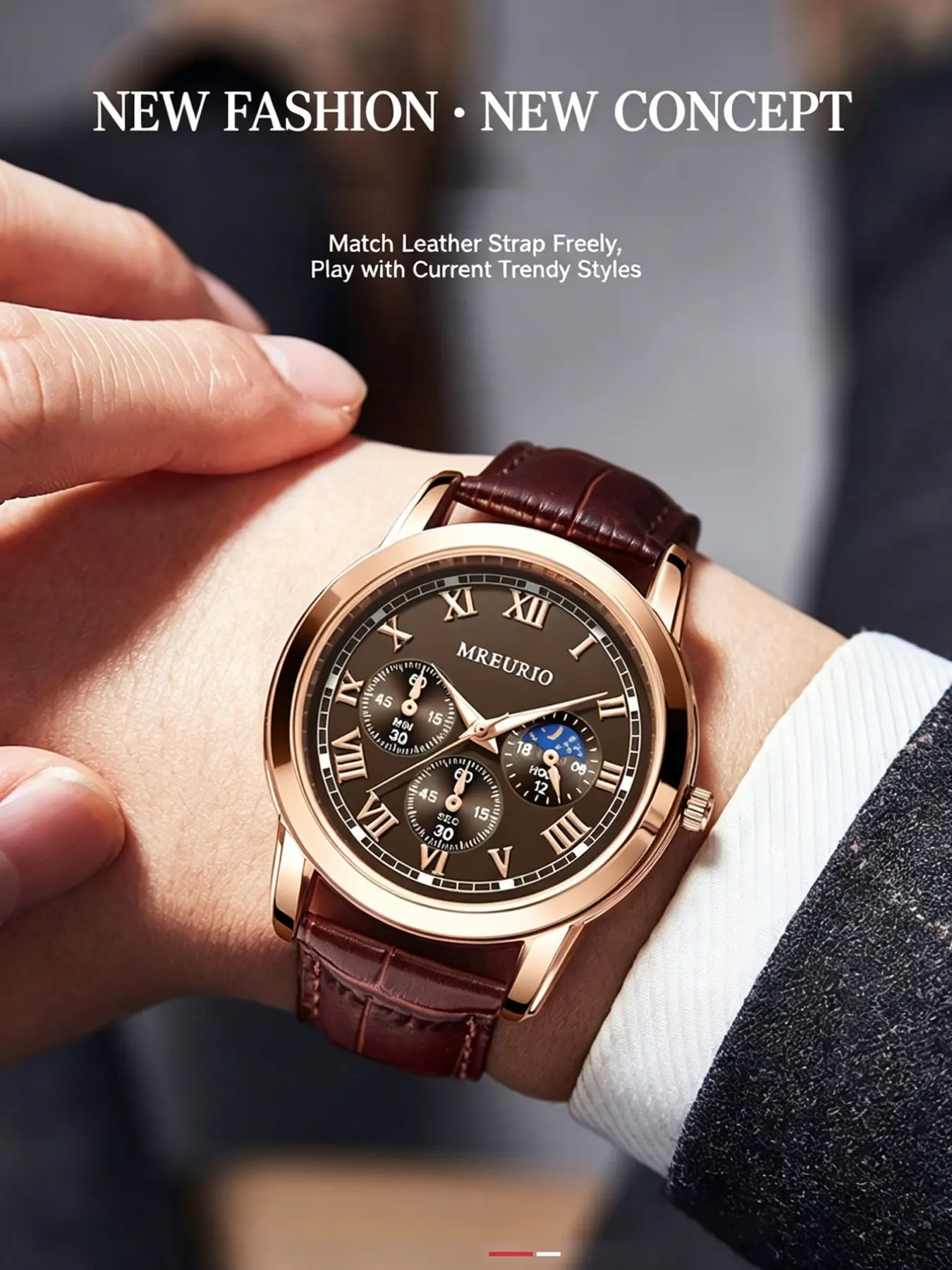 Men's PU Leather Strap Quartz Analog Wristwatch, Vintage Geneva Round Dial, Three Eye Six Needle Fashion Men's Watch, Fashionable Watches, Ideal Gift for Daily Wear and Holidays
