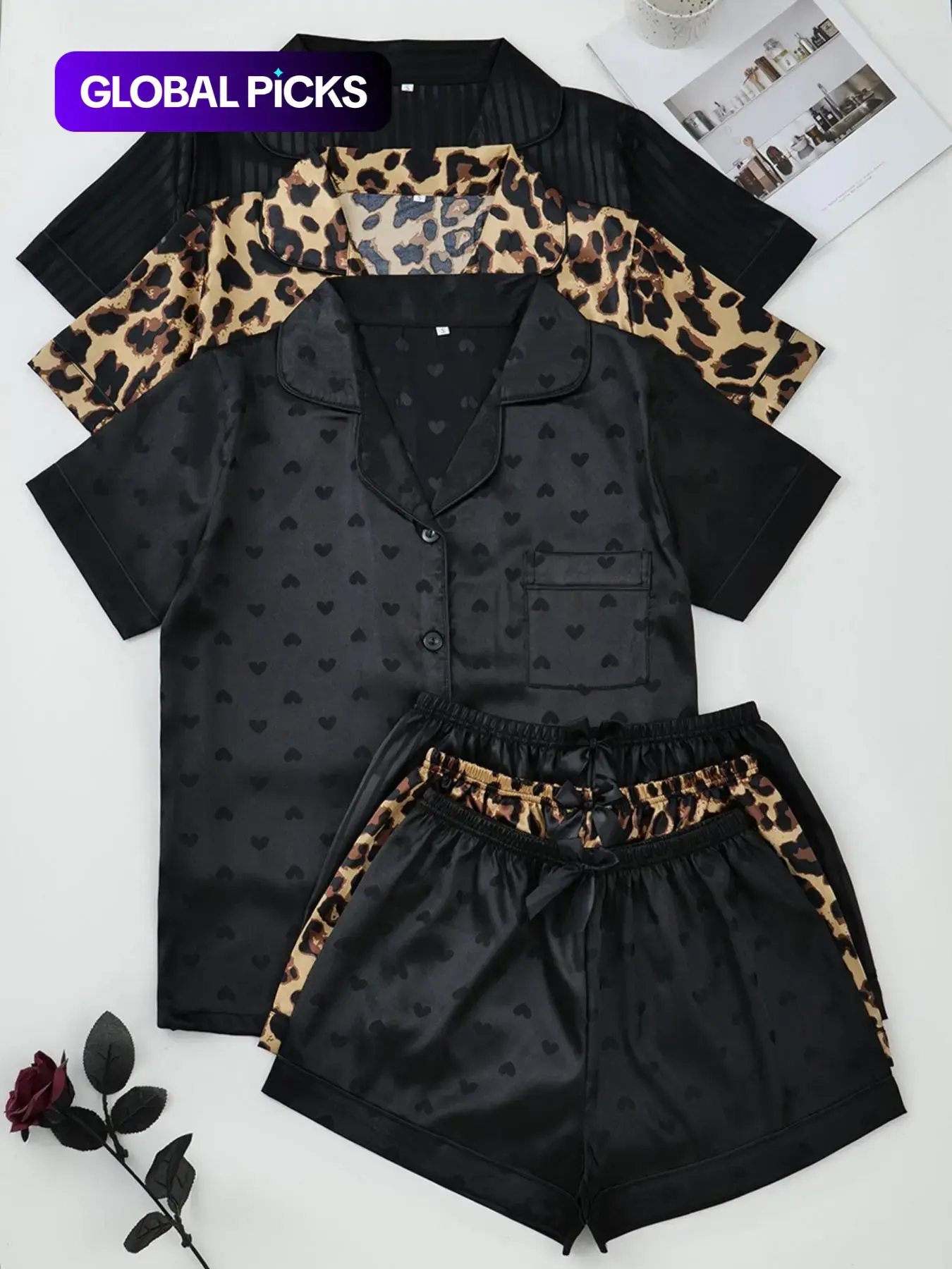 Fashion Six-Piece Women's Satin Pajama Set, Comfortable Lightweight Summer Sleepwear & Loungewear Sets, Button Top and Bow Front Shorts, Casual Fitted Style, Leopard, Pjs