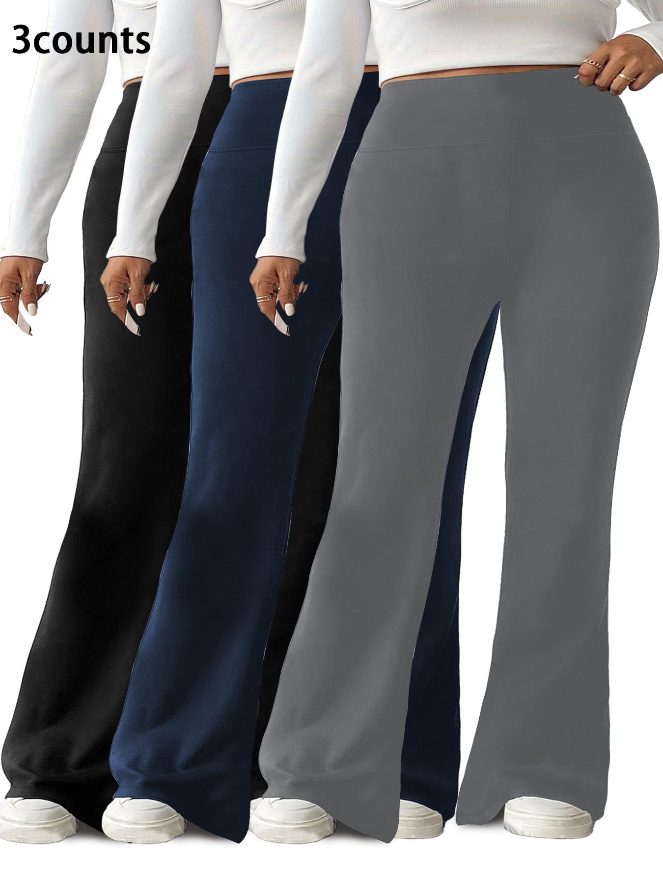 Plus Size Solid High Waist Flare Leg Leggings, High Waisted Leggings, Casual Comfy High Stretch Bell Bottom Trousers for Daily Wear, Women's Bottoms for Summer