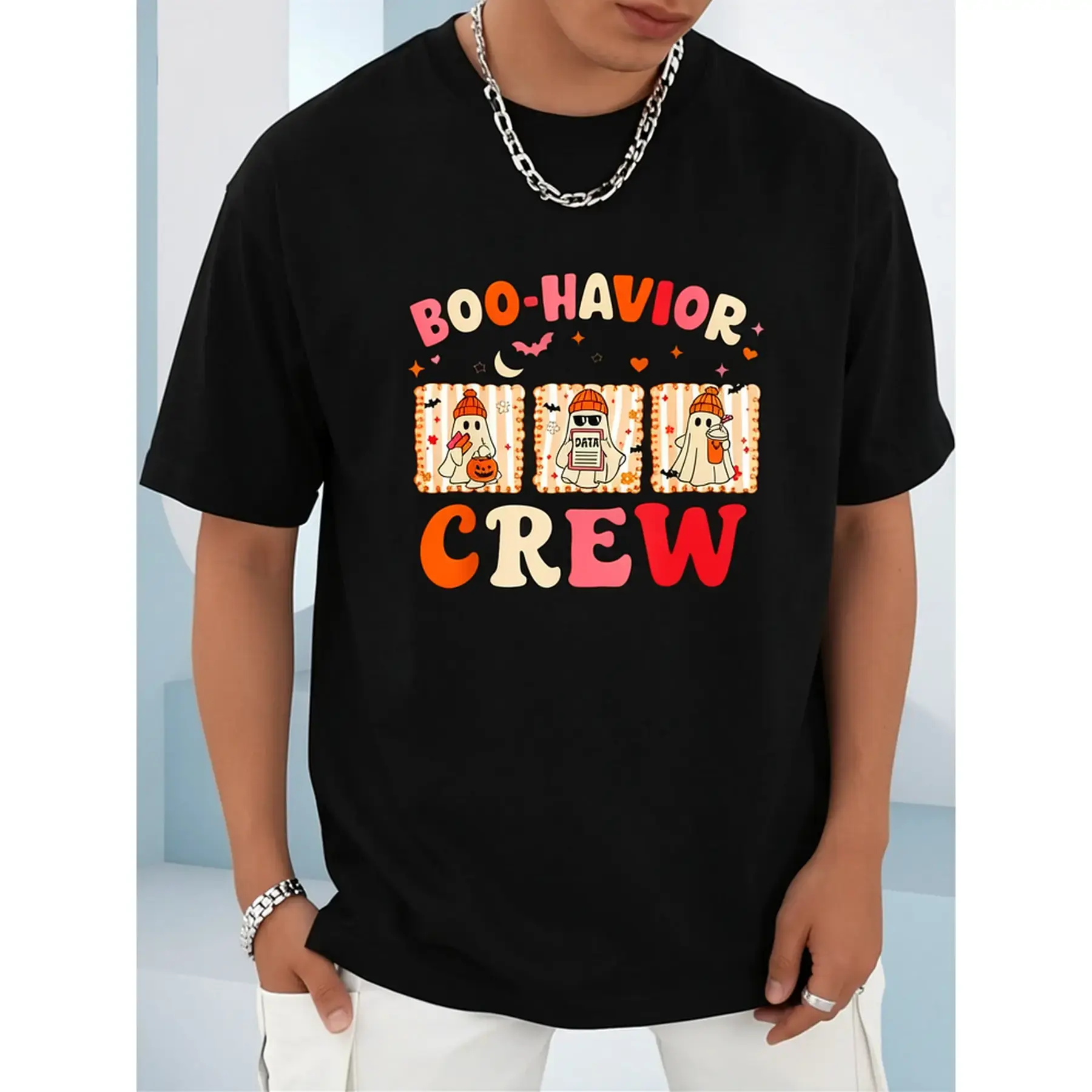 100% Cotton UnisexBoo Havior Crew Behavior Analyst Halloween ABA RBT T-Shirt men's autumn short-sleeved shirt, featuring maple leaf and Thanksgiving Halloween prints