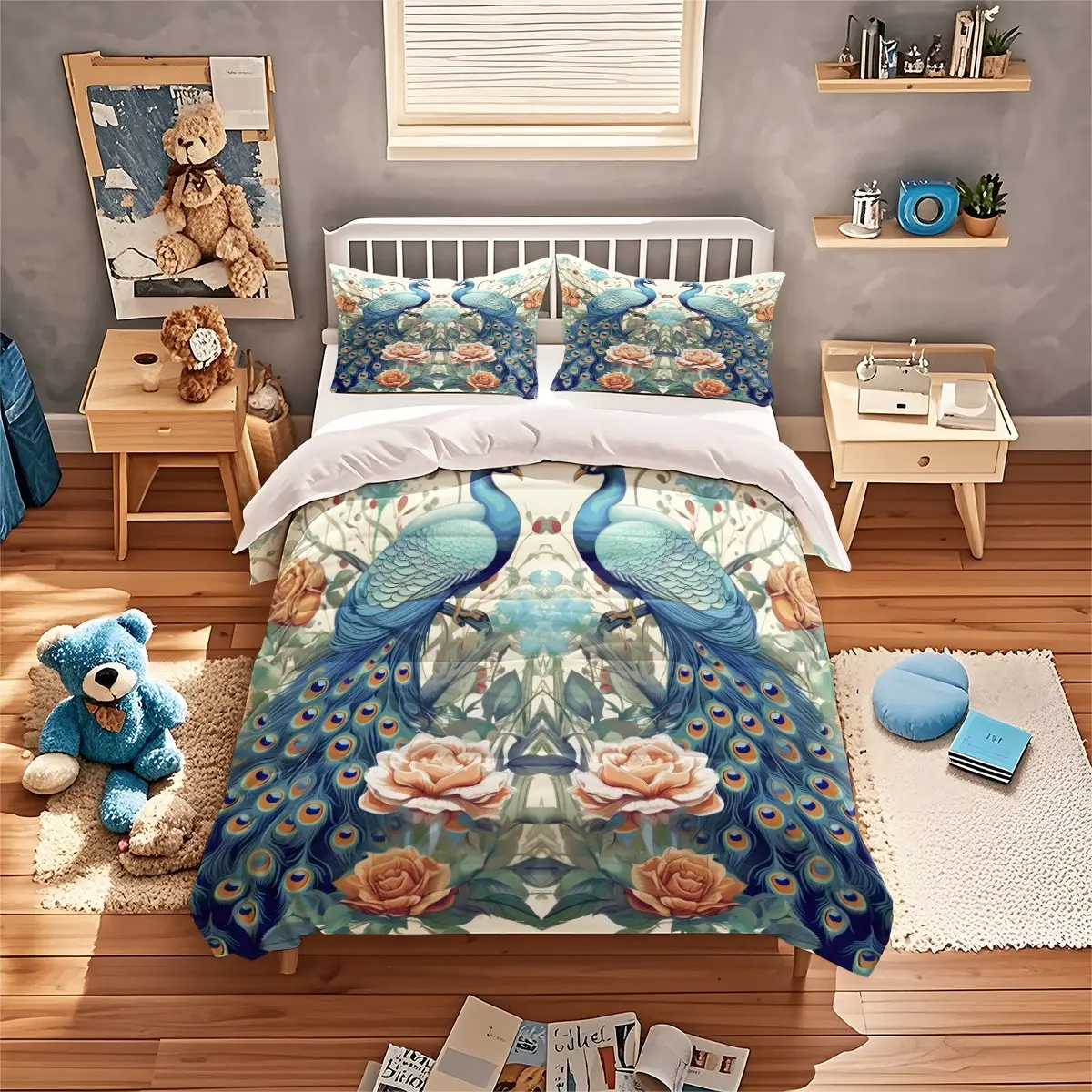 Peony Peacock Print Bedding Set, 1 Duvet Cover + 2 Pillowcases, High-Definition Printing, Home & Dormitory Bed Linen