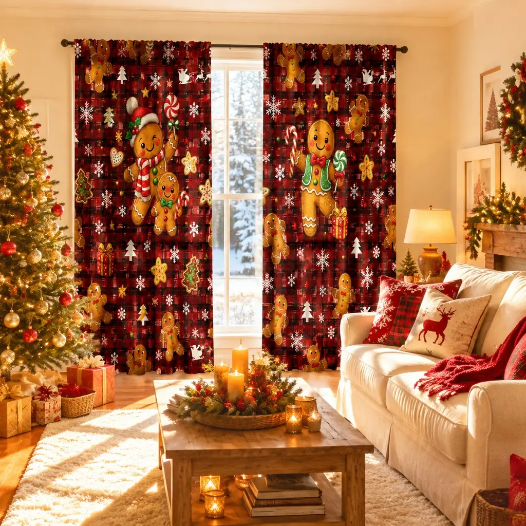 2 pieces of high-definition red and black checkered gingerbread man Christmas printed decorative curtains. The colors are durable and do not fade easily. They can be hung using a rod bag and are suitable for bedroom and living room home decoration.