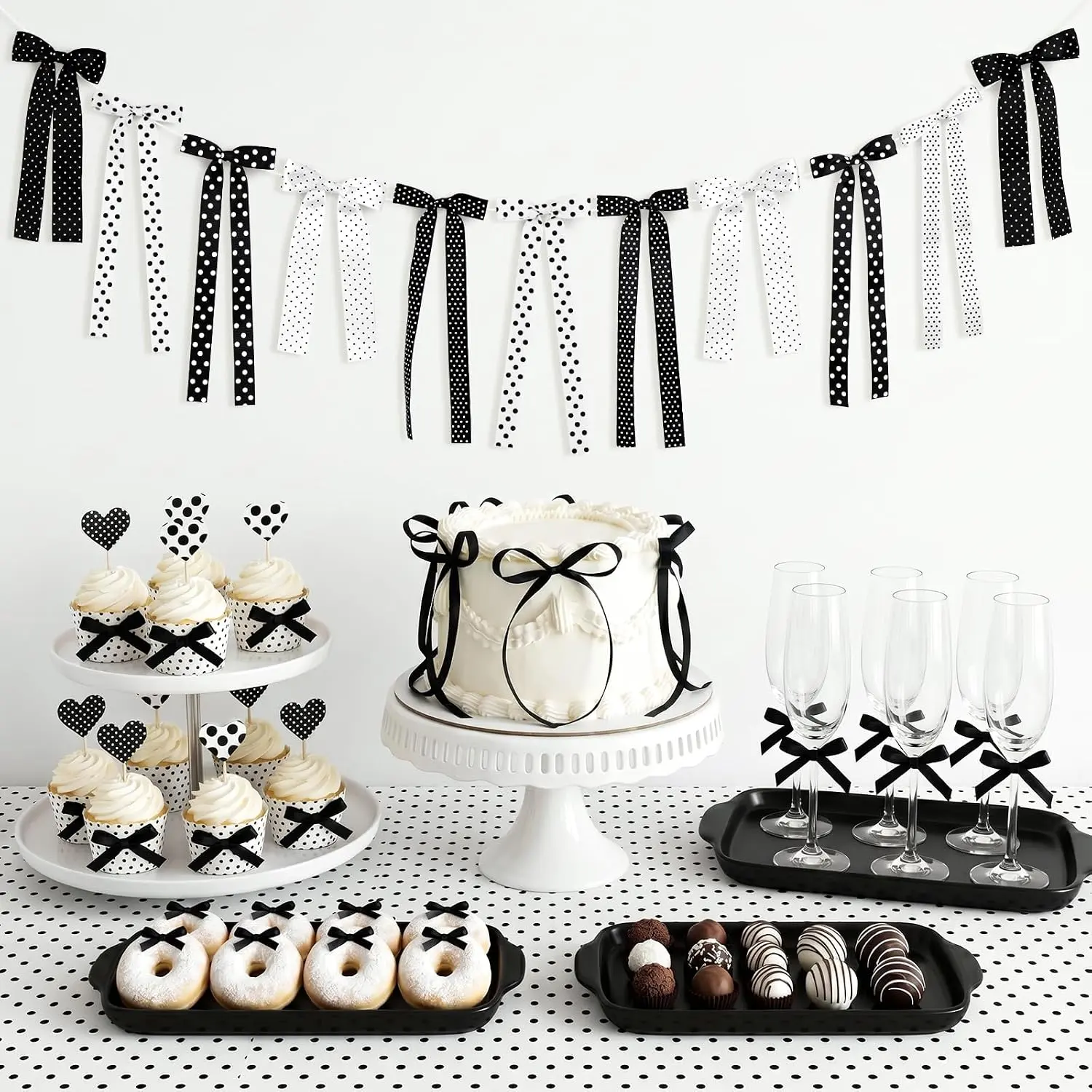 Polka Dot Bow Garland, Ribbon Bows Banner Garland Decor for Polka Dot Bow Birthday Decorations, Wedding Bachelorette Bridal Shower Engagement Graduation Party Decoration