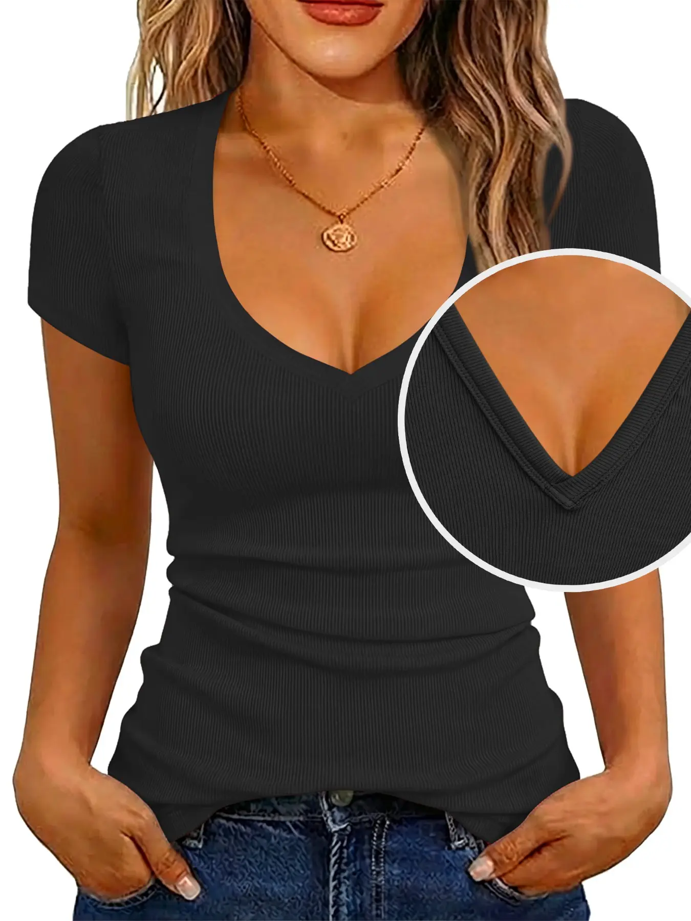 Women's Ribbed Soft Deep V Neck Short Sleeve Top, Slim Fit Solid Color Basic Layering Tee, 15+ Colors Available Y2K Casual Summer Tops