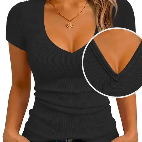 Women's Striped Deep V-Neck Short Sleeve Top, Fitted Y2K Style, Multi-Color Basic Layering Top, All-Season Casual Top