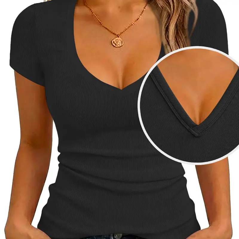 Women's Striped Deep V-Neck Short Sleeve Top, Fitted Y2K Style, Multi-Color Basic Layering Top, All-Season Casual Top