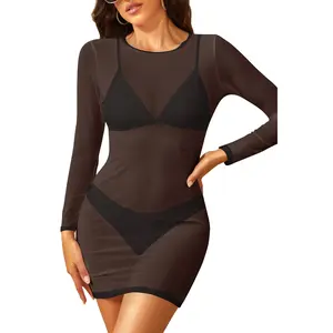 Daci Women's Sexy Sheer Mesh Swimsuit Cover up with Long Sleeves Beach Dress Bodycon Style DealsForYouDays